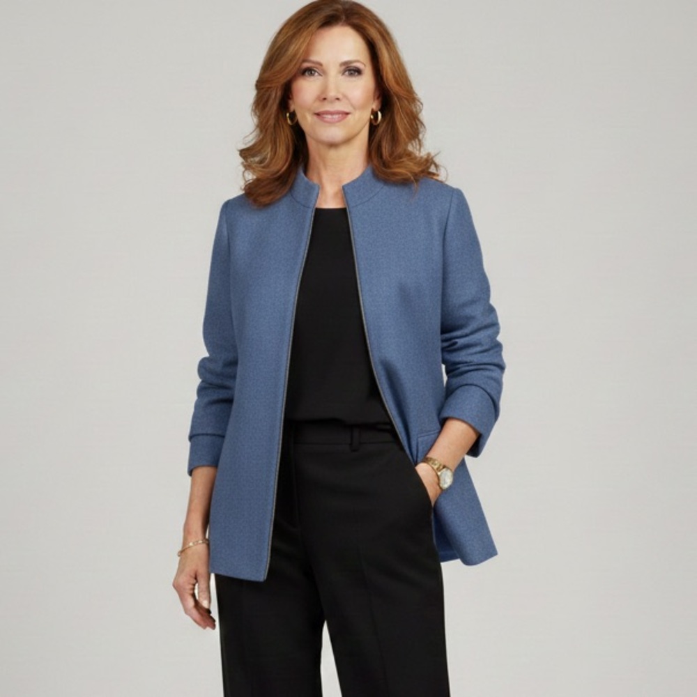 LOUBEN Cashmere Wool Open Jacket Blazer‎ Blue Zip-Front